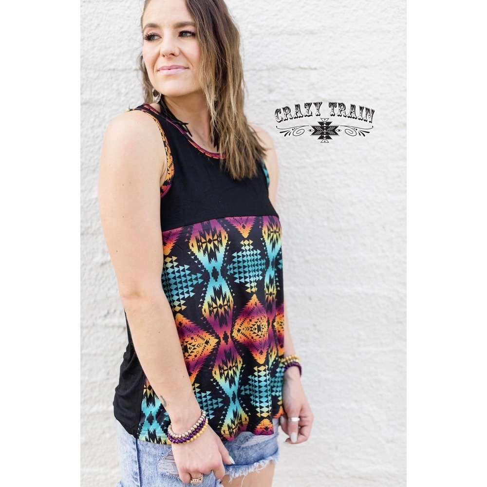 Crazy Train Desperado Women Southwestern Rainbow Tank Black Size M Sleeveless‎